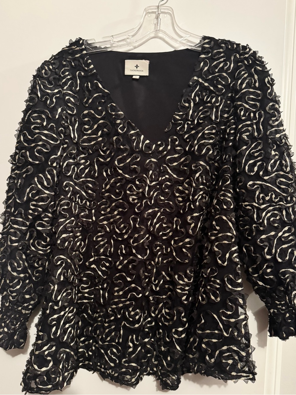 Tuckernuck Black Blouse with Silver Metallic Swirl Accents